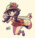  1girl arm_up bag beige_background black_eyes black_hair blush braid breasts flower full_body hand_up hat hat_flower looking_to_the_side matching_hair/eyes mizuki_(pokemon_ultra_sm) orange_shirt outstretched_arm pink_flower poke_ball pokemon pokemon_(game) pokemon_ultra_sm sandals shirt shorts simple_background sleeveless sleeveless_shirt small_breasts smile solo teeth text tied_hair translation_request twin_braids w watson white_shorts yellow_bag yellow_hat 