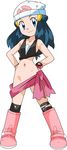  beanie blue_eyes blue_hair full_body hainchu hands_on_hips hat highres hikari_(pokemon) long_hair looking_at_viewer navel no_panties pink_scarf pokemon pokemon_(anime) scarf simple_background smile solo standing white_background 