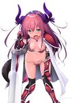  armor bikini_armor black_legwear blue_eyes breasts chipa_(arutana) elizabeth_bathory_(brave)_(fate) elizabeth_bathory_(fate)_(all) fang fate/extra fate/extra_ccc fate/grand_order fate_(series) green_eyes hanging_breasts highres holding holding_sword holding_weapon long_hair looking_at_viewer nipples open_mouth over-kneehighs pauldrons pink_hair pointy_ears purple_hair silver_trim simple_background small_breasts solo standing sword thighhighs tsurime weapon white_background 
