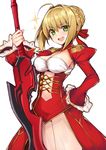  :d aestus_estus ahoge bangs blonde_hair braid breasts cleavage cleavage_cutout cowboy_shot dress epaulettes eyebrows_visible_through_hair fate/extra fate_(series) french_braid green_eyes hair_intakes hair_ribbon hand_on_hip haruyuki_(yukichasoba) head_tilt holding holding_sword holding_weapon juliet_sleeves long_sleeves looking_at_viewer medium_breasts nero_claudius_(fate) nero_claudius_(fate)_(all) open_mouth puffy_sleeves red_dress red_ribbon ribbon round_teeth short_hair simple_background smile solo sparkle sword teeth underbust v-shaped_eyebrows weapon white_background 