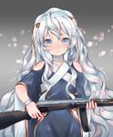  absurdres blue_eyes blush cha_fen closed_mouth collarbone dated eyebrows girls_frontline gun highres holding holding_gun holding_weapon long_hair ribeyrolles_1918_(girls_frontline) silver_hair solo upper_body weapon 