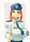  arms_behind_back breasts female_service_cap ge_xi hair_ornament hairclip hat highres huge_breasts levasol_defense_corps lien_ai-chiang looking_at_viewer name_tag necktie orange_hair original police police_hat police_uniform policewoman republic_of_china_flag short_hair smile solo uniform upper_body witches_in_7th_base yellow_eyes 