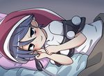  antinomy_of_common_flowers bangs bed_sheet black_capelet blanket blue_eyes blue_hair blush capelet commentary_request doremy_sweet empty_eyes eyebrows_visible_through_hair hair_between_eyes hat hato_no_suisou highres looking_at_viewer lying nightcap on_side pillow pom_pom_(clothes) short_hair smile solo tail tapir_tail touhou upper_body 