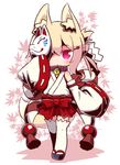  :&lt; alternate_costume animal_ears bell bell_collar blonde_hair blush chibi collar detached_sleeves eyebrows_visible_through_hair fox_ears fox_mask fox_tail full_body glowing glowing_eye hair_ornament hairclip hakama_skirt holding holding_mask japanese_clothes jingle_bell kemomimi-chan_(naga_u) leaf leaf_background long_sleeves looking_at_viewer maple_leaf mask naga_u nontraditional_miko original pink_eyes ribbon-trimmed_sleeves ribbon_trim sandals shide short_hair solo standing tail thighhighs white_legwear wide_sleeves 