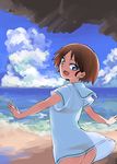  absurdres aomushi_(mushamusha) ass bangs beach blouse blue_eyes bra brown_hair cloud cloudy_sky day eyebrows_visible_through_hair from_behind girls_und_panzer highres no_pants ocean ooarai_school_uniform open_mouth outdoors outstretched_arms panties red_panties sakaguchi_karina school_uniform see-through serafuku short_hair short_sleeves sketch sky smile solo spread_arms standing thong underwear white_blouse 