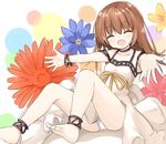  :d ^_^ anklet bangs bare_arms bare_shoulders barefoot black_neckwear blush bracelet brown_eyes brown_hair choker closed_eyes collarbone dress eyebrows_visible_through_hair facing_viewer floral_background hair_between_eyes halterneck head_tilt jewelry long_hair open_mouth original outstretched_arms panties pantyshot pantyshot_(sitting) ribbon sitting sleeveless sleeveless_dress smile soles solo underwear white_dress white_panties yellow_ribbon yuuhagi_(amaretto-no-natsu) 