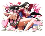  black_eyes black_hair boa_hancock bodskih breasts cleavage collarbone floating_hair heart huge_breasts index_finger_raised leg_up long_hair looking_at_viewer one_piece parted_lips red_skirt shiny shiny_skin skirt smile solo standing standing_on_one_leg transparent_background very_long_hair 