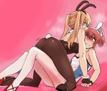  absurdres alisa_(girls_und_panzer) animal_ears aomushi_(mushamusha) arm_grab ass bangs black_footwear black_gloves black_legwear black_leotard blue_leotard brown_eyes brown_hair bunny_ears bunny_hair_ornament bunny_tail bunnysuit dated detached_collar eyebrows_visible_through_hair fake_animal_ears fake_tail freckles girls_und_panzer gloves grimace grin hair_ornament high_heels highres kneeling leotard long_hair looking_at_another lying multiple_girls on_back oono_aya pantyhose pink_background red_footwear round_eyewear short_hair short_twintails smile straddling strapless strapless_leotard sweatdrop tail twintails twitter_username white_legwear you_gonna_get_raped yuri 