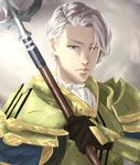  armor brown_eyes fernand_(fire_emblem) fire_emblem fire_emblem_echoes:_mou_hitori_no_eiyuuou gloves grey_background male_focus polearm solo spear upper_body weapon white_hair 