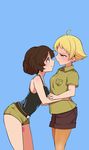  absurdres akiyama_yukari aomushi_(mushamusha) bangs belt black_belt black_shirt black_shorts blonde_hair blue_background blush brown_eyes brown_hair brown_shirt brown_shorts camisole closed_mouth collared_shirt commentary_request cowboy_shot erwin_(girls_und_panzer) eyebrows_visible_through_hair face-to-face from_side girls_und_panzer highres hug leaning_forward looking_at_another messy_hair multiple_girls no_hat no_headwear parted_lips pointy_hair shirt short_hair short_shorts short_sleeves shorts simple_background sketch smile standing tattoo yellow_eyes yuri 