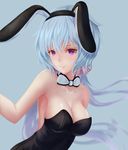  animal_ears bangs bare_shoulders black_leotard blue_hair blush bow bowtie breasts bunny_ears bunnysuit cleavage closed_mouth collarbone eyebrows fake_animal_ears faker_(pili524) hairband highres large_breasts leotard long_hair looking_at_viewer pink_eyes senki_zesshou_symphogear solo upper_body white_neckwear yukine_chris 