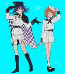  2boys belt brown_hair buttons cape couple danganronpa danganronpa_1 gloves gold_eyes hat jacket matching_hair/eyes multiple_boys necktie new_danganronpa_v3 ouma_kokichi purple_eyes purple_hair shirt short_hair shorts smile smirk trap 