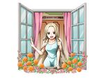  :d black_eyes blonde_hair blue_dress bodskih collarbone dress flower kaya_(one_piece) looking_at_viewer one_piece open_mouth orange_flower pink_flower short_hair sleeveless sleeveless_dress smile solo standing sundress transparent_background window 