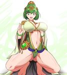  :d ass_visible_through_thighs bangs bare_legs barefoot blush bracelet breast_lift breasts center_opening eyebrows_visible_through_hair green_eyes green_hair headpiece highres jewelry large_breasts legs looking_at_viewer midriff navel open_mouth partially_visible_vulva pearl_bracelet puzzle_&amp;_dragons rushana_(p&amp;d) short_hair smile solo spread_legs squatting tareme thighs u2_(user_pupx8327) wide_sleeves 