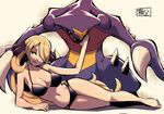  1girl arm_support beige_background bikini black_bikini blonde_hair breasts claws cleavage collarbone dragon full_body garchomp grey_eyes hair_ornament hair_over_one_eye half-closed_eyes hand_up large_breasts leaning_forward long_hair looking_to_the_side looking_up lying navel on_side open_mouth pokemon pokemon_(creature) pokemon_(game) pokemon_dppt sharp_teeth shiny_skin shirona_(pokemon) simple_background smile swimsuit teeth text translation_request watson 