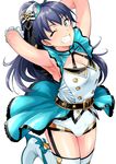  antenna_hair aqua_eyes armpits arms_behind_head bangs belt blue_hair boots breasts cleavage cleavage_cutout eyebrows_visible_through_hair frills ganaha_hibiki garter_straps grin hair_ornament hat highres idolmaster idolmaster_(classic) idolmaster_stella_stage large_breasts leg_lift long_hair looking_at_viewer mini_hat one_eye_closed ponytail shiny showgirl_skirt sleeveless smile teeth thigh_boots thighhighs thighs top!_clover tsurui white_background white_footwear 