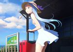  1girl blue_hair dress female hasukawa_isaburou hat kantai_collection long_hair samidare_(kantai_collection) solo suitcase 