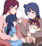  \o/ arms_up baby bangs bib blue_dress blue_hair child chromatic_aberration dress family hair_ornament hairclip half_updo if_they_mated long_sleeves love_live! love_live!_sunshine!! mother_and_daughter multiple_girls one_eye_closed onesie outstretched_arms purple_eyes red_eyes sakurauchi_riko sellel short_sleeves side_bun sitting sitting_on_lap sitting_on_person smile sweatdrop sweater tsushima_yoshiko v yuri 