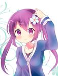  3: arm_up bangs blue_shirt blush breasts closed_mouth collarbone commentary dog_tags eyebrows_visible_through_hair flower gochuumon_wa_usagi_desu_ka? hair_flower hair_ornament long_hair long_sleeves looking_at_viewer massala medium_breasts purple_eyes purple_hair shirt solo tedeza_rize twintails two-tone_background upper_body wavy_mouth white_flower 