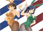 animal_ears arm_up blue_eyes blue_hair bow bowtie breasts brown_eyes brown_hair brown_legwear bunny_ears bunny_girl bunnysuit cleavage commentary_request contrapposto cowboy_shot detached_collar eyebrows_visible_through_hair fake_animal_ears green_leotard hair_tie hairband hand_on_hip highres hiryuu_(kantai_collection) kantai_collection large_breasts leaning_forward leotard looking_at_viewer masukuza_j multiple_girls one_side_up orange_hairband orange_leotard pantyhose pink_background short_hair simple_background smile souryuu_(kantai_collection) standing twintails wrist_cuffs 