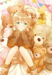  antenna_hair blush brown_hair cardcaptor_sakura chin_rest green_eyes kero kinomoto_sakura looking_at_viewer open_mouth short_hair shorts sitting smile stuffed_animal stuffed_toy tamaru teddy_bear 