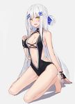  :o alternate_costume arm_at_side backless_outfit bangs bare_arms bare_legs bare_shoulders barefoot black_swimsuit blue_ribbon blunt_bangs breasts casual_one-piece_swimsuit center_opening cleavage collarbone echj full_body girls_frontline green_eyes hair_ornament hair_ribbon hairclip hand_on_own_chest hk416_(girls_frontline) kneeling long_hair looking_at_viewer medium_breasts navel one-piece_swimsuit one_side_up open_mouth ribbon silver_hair sketch solo stomach swimsuit very_long_hair 