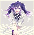  1girl checkered_scarf danganronpa danganronpa_3 genderswap jacket long_sleeves matching_hair/eyes open_mouth ouma_kokichi purple_eyes purple_hair scarf skirt smile solo straitjacket tied_hair twintails 