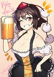  alcohol alternate_costume bare_shoulders beer beer_mug black_hair breasts cleavage collarbone commentary_request cup dated dirndl german_clothes grin hand_on_hip hat highres holding holding_cup looking_at_viewer medium_breasts off_shoulder one_eye_closed pointy_ears pom_pom_(clothes) red_eyes shameimaru_aya short_hair smile solo sweatdrop taketora_suzume tears tokin_hat touhou twitter_username 