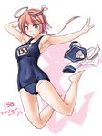  armpits blue_swimsuit character_name dated full_body hair_ornament i-58_(kantai_collection) kantai_collection name_tag navel one-piece_swimsuit pink_hair red_eyes sailor_collar sailor_shirt school_swimsuit shadow shirt shirt_removed short_hair solo swimsuit tatsumi_ray twitter_username 