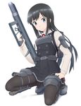  armor asashio_(kantai_collection) bangs black_dress black_hair black_legwear blouse blue_eyes blush closed_mouth commentary_request dress eyebrows_visible_through_hair full_body holding holding_weapon kantai_collection kurokaji long_hair long_sleeves looking_at_viewer pantyhose panzerschreck pinafore_dress remodel_(kantai_collection) rocket_launcher school_uniform sidelocks simple_background smile solo squatting tsurime weapon white_background white_blouse 