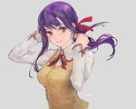  asymmetrical_bangs bangs blush fate/stay_night fate_(series) grey_background hair_ribbon homurahara_academy_uniform kouzuki_kei looking_at_viewer matou_sakura ponytail purple_eyes purple_hair ribbon school_uniform simple_background smile solo sweater_vest 