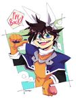  1boy black_hair clouds fangs gloves happy houshin_engi looking_at_viewer open_mouth short_hair smile taikoubou 