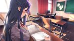  blush book chair chalkboard classroom closed_mouth curtains desk doki_doki_literature_club fingernails game_cg grey_jacket hair_ornament hairclip indoors jacket long_hair long_sleeves looking_down neck_ribbon non-web_source open_book out_of_frame pov pov_hands purple_eyes purple_hair reading ribbon satchely school_uniform sitting window yuri_(doki_doki_literature_club) 