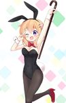  ;d animal_ears arm_up armpits bangs black_legwear black_leotard blush bow bowtie breasts bunny_day bunny_ears bunny_girl bunny_tail bunnysuit cane cleavage commentary detached_collar eyebrows_visible_through_hair fake_animal_ears gochuumon_wa_usagi_desu_ka? hair_ornament hairclip high_heels holding hoto_cocoa leotard looking_at_viewer massala medium_breasts multicolored multicolored_background one_eye_closed open_mouth orange_hair pantyhose purple_eyes red_footwear red_neckwear short_hair smile solo standing standing_on_one_leg tail v v_over_eye wrist_cuffs 