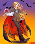  artist_name bat biscuit blonde_hair bow bowtie candy cape cup drinking_glass ellerean fang fire_emblem fire_emblem:_monshou_no_nazo fire_emblem:_shin_monshou_no_nazo food gloves green_eyes halloween halloween_costume highres long_hair male_focus open_mouth pumpkin solo sting_chameleao wine_glass 