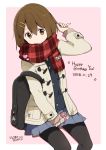  adjusting_hair arm_up artist_name backpack bag black_legwear blue_skirt blush brown_eyes brown_hair character_name closed_mouth dated hair_ornament hairclip happy_birthday hirasawa_yui jacket k-on! looking_at_viewer pantyhose ragho_no_erika red_scarf scarf short_hair signature skirt 