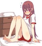  1girl barefoot blush brown_hair feet gym_uniform long_hair looking_at_viewer red_eyes sitting soles tisshuhako toes 