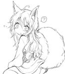  ? ahoge animal_ears ass fox_ears fox_tail greyscale japanese_clothes kimono long_hair looking_at_viewer monochrome natsu_no_koucha original parted_lips sash short_kimono simple_background sitting sketch spoken_question_mark tail white_background 