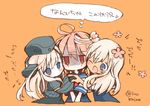  3girls ;d blonde_hair blue_eyes blue_sailor_collar cropped_jacket dual_persona flower garrison_cap girl_sandwich hair_flower hair_ornament hat hug i-58_(kantai_collection) jitome kantai_collection long_hair long_sleeves military military_uniform multiple_girls neckerchief one_eye_closed open_mouth orange_background pink_hair puffy_long_sleeves puffy_sleeves red_eyes ro-500_(kantai_collection) sailor_collar sandwiched school_swimsuit school_uniform serafuku short_hair simple_background smile swimsuit swimsuit_under_clothes time_paradox translation_request u-511_(kantai_collection) uniform upper_body wishbone 
