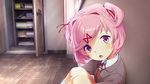  :o bangs blush bookshelf brown_jacket collared_shirt doki_doki_literature_club door eyebrows_visible_through_hair game_cg hair_intakes hair_ornament indoors jacket leg_hug long_sleeves looking_at_viewer natsuki_(doki_doki_literature_club) non-web_source open_mouth pink_eyes pink_hair satchely school_uniform shirt sitting socks solo sunlight two_side_up white_legwear white_shirt window 