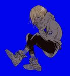  alternate_eye_color bad_id bad_pixiv_id blonde_hair blue_background blue_eyes blue_nails blush coat con_potata copyright_name male_focus nail_polish scarf shoes sitting sneakers yuri!!!_on_ice yuri_plisetsky 