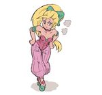  :t armband bare_shoulders blonde_hair bow breasts choker commentary full_body green_bow green_eyes hair_bow harem_pants joakim_sandberg leaning_forward long_hair looking_at_viewer pants pointy_ears pointy_shoes ponytail pout primm seiken_densetsu seiken_densetsu_2 shoes sketch small_breasts solo standing strapless very_long_hair white_background 