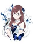  bare_shoulders blue_ribbon brown_hair commentary_request flower glasses gloves hair_ribbon highres holding holding_microphone idolmaster idolmaster_cinderella_girls idolmaster_cinderella_girls_starlight_stage long_hair microphone morinaga_miki purple_eyes ribbon solo starry_sky_bright white_gloves yagami_makino 
