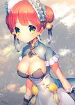  arms_at_sides artist_name blush bonnet braid breasts cleavage closed_mouth dress earrings flower frilled_sleeves frills hair_flower hair_ornament jewelry large_breasts looking_at_viewer mizumori_(xcllcx) original red_hair short_hair short_sleeves signature solo sparkle yellow_eyes 