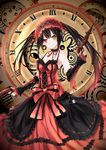  absurdres asymmetrical_hair black_hair breasts choker cleavage clock clock_eyes date_a_live detached_sleeves dress dual_wielding gothic_lolita gun hairband heterochromia highres holding holding_gun holding_weapon lolita_fashion lolita_hairband long_hair looking_at_viewer medium_breasts neck_ribbon parted_lips red_dress red_eyes red_ribbon ribbon sleeveless sleeveless_dress smile solo standing symbol-shaped_pupils tokisaki_kurumi twintails weapon yellow_eyes yeluno_meng 