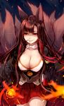  aircraft airplane akagi_(azur_lane) animal_ears asymmetrical_bangs azur_lane bangs blurry breasts cleavage collarbone cowboy_shot depth_of_field eyebrows_visible_through_hair fire fox_ears fox_tail glowing glowing_eyes grin hair_in_mouth hakama_skirt half-closed_eyes highres kyuubi large_breasts long_hair mouth_hold multiple_tails obi open_clothes pleated_skirt red_skirt sash shaded_face skirt smile solo sukemyon tail teeth very_long_hair 