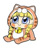  &gt;:) animal_costume bangs bkub blonde_hair blue_eyes blunt_bangs blush_stickers braid cat_costume chibi closed_mouth dot_nose dragon_quest dragon_quest_xi eyebrows_visible_through_hair full_body looking_up simple_background sitting smile solo twin_braids v-shaped_eyebrows veronica_(dq11) white_background 