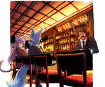  2girls absurdres alcohol animal_ears bartender black_jacket black_neckwear blue_hair bottle brown_hair cat_ears cat_tail chair collared_shirt commentary_request cup doitsuken drinking_glass earrings eyebrows_visible_through_hair facial_hair facing_another facing_away fang fox_ears fox_tail glasses highres holding holding_cup horns indoors jacket jewelry jpeg_artifacts liquor long_hair long_sleeves multiple_girls mustache necktie open_mouth original pants pub purple_eyes purple_hair shelf shirt shoes sitting slit_pupils smile standing tail tied_hair white_shirt wine 