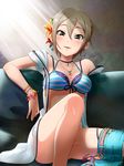  bikini blush breasts cleavage convenient_leg flower grey_hair hair_between_eyes hair_flower hair_ornament idolmaster idolmaster_cinderella_girls idolmaster_cinderella_girls_starlight_stage looking_at_viewer medium_breasts shiomi_shuuko short_hair smile solo swimsuit unyon 