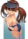  ass bare_shoulders blush breasts brown_eyes brown_hair collarbone covering covering_breasts foreshortening from_above from_behind gradient gradient_background hair_between_eyes highres kantai_collection lasterk long_hair looking_at_viewer looking_back off_shoulder one-piece_swimsuit open_mouth paid_reward patreon_reward ryuujou_(kantai_collection) school_swimsuit simple_background small_breasts solo strap_slip sweatdrop swimsuit thighhighs twintails visor_cap white_legwear 
